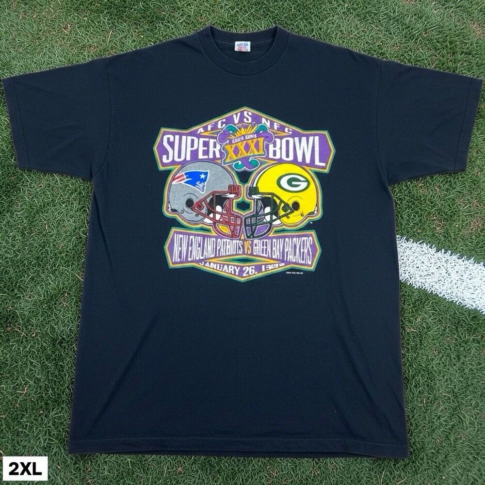 Vintage Super Bowl XXXI T Shirt Mens 2XL Packers Patriots 1996 NFL Black